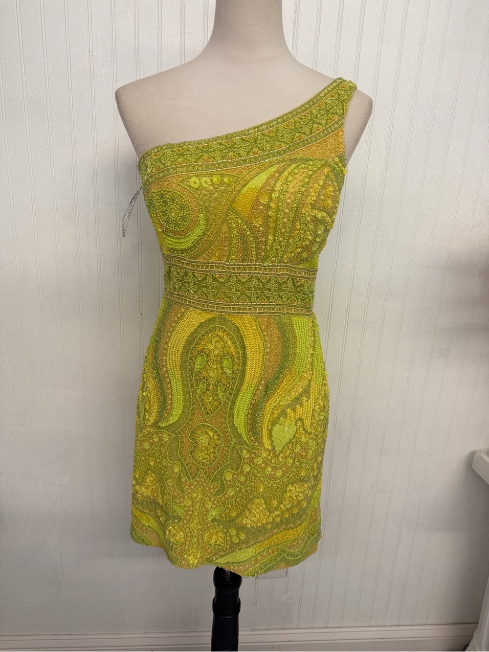 Rachel Allan One-Shoulder Beaded Lime Green and Yellow Cocktail Dress